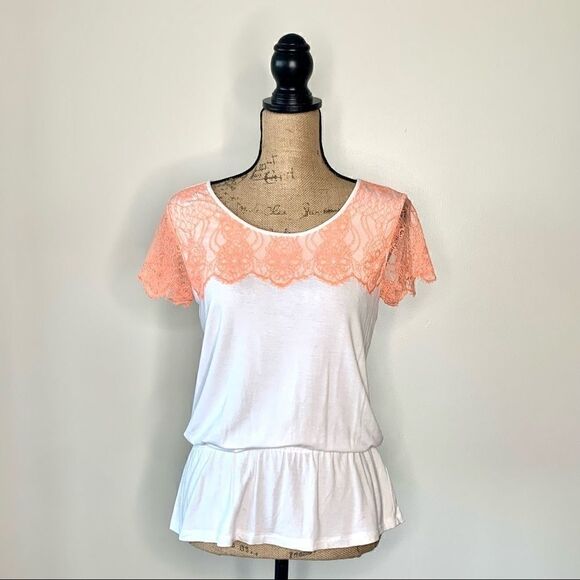 Ann Taylor Peach Lace Trim Sleeve Drop Waist Tee - Picture 1 of 10